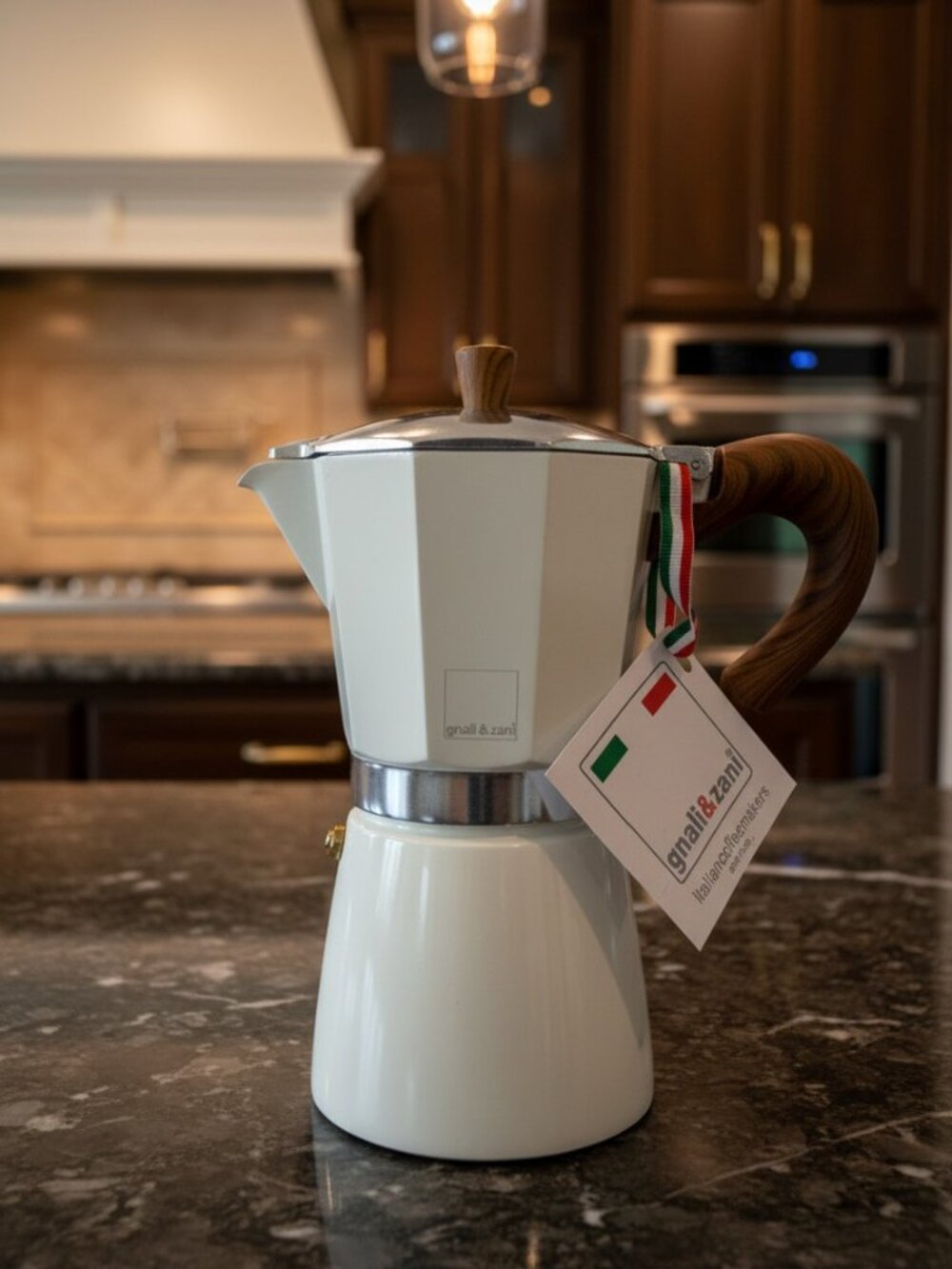 gnali & zani Moka Pot 9 Cup White Italian Espresso Coffee Maker Faux Wood Handle